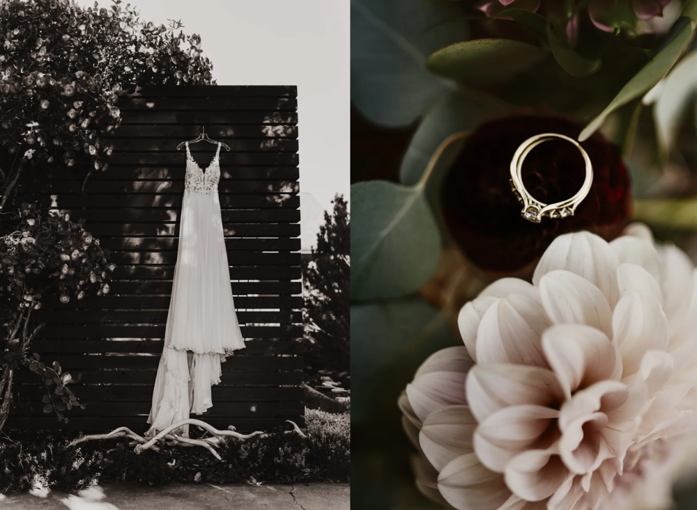 Wedding photograph composite with ring detail and dress portrait