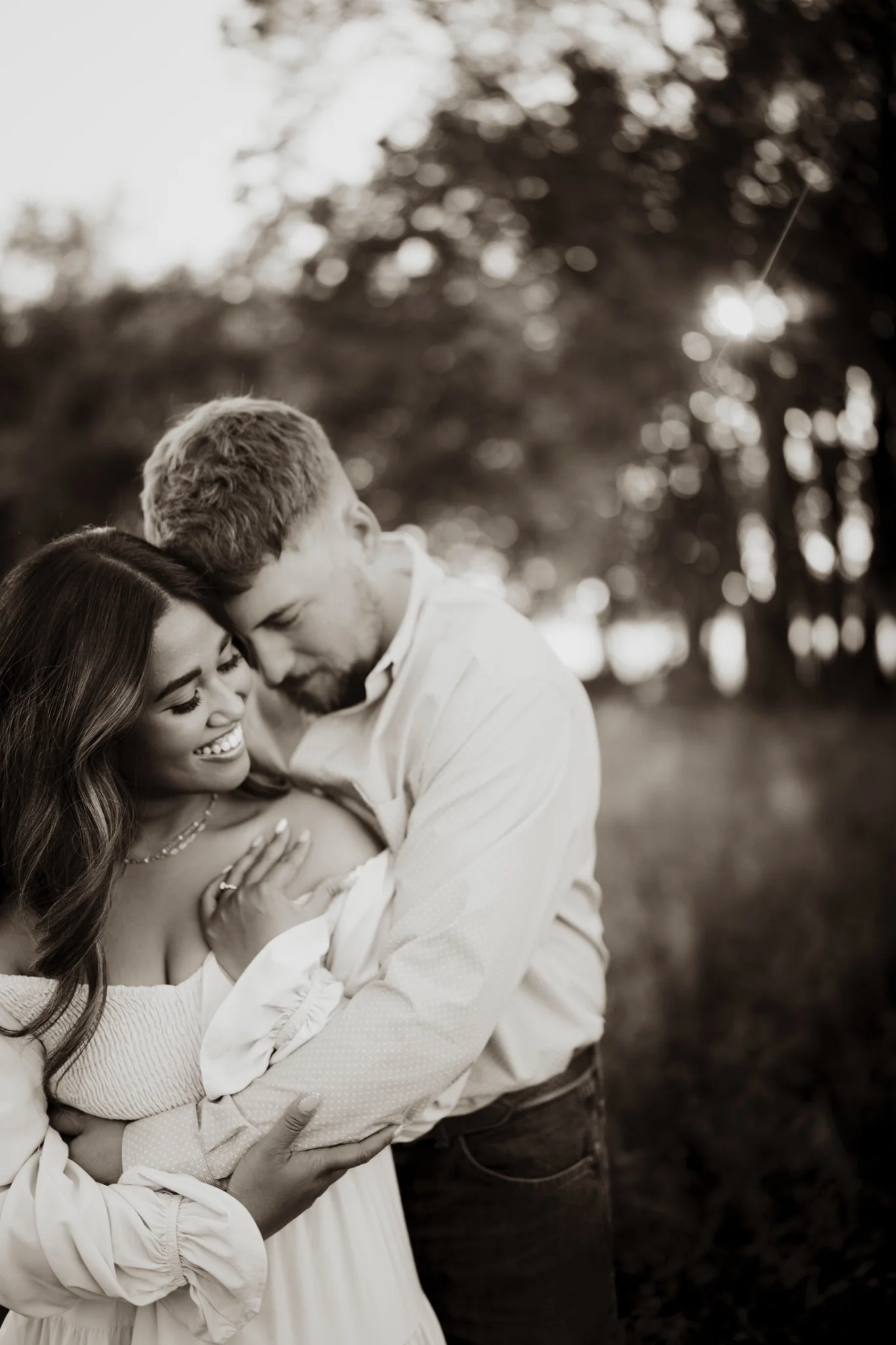 An intimate black and white couple portrait