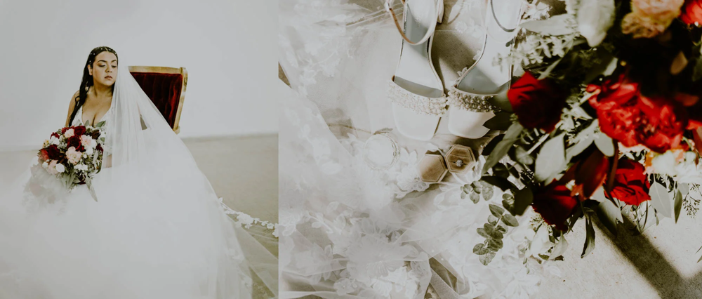 Wedding photograph composite with bride portrait and bouquet details