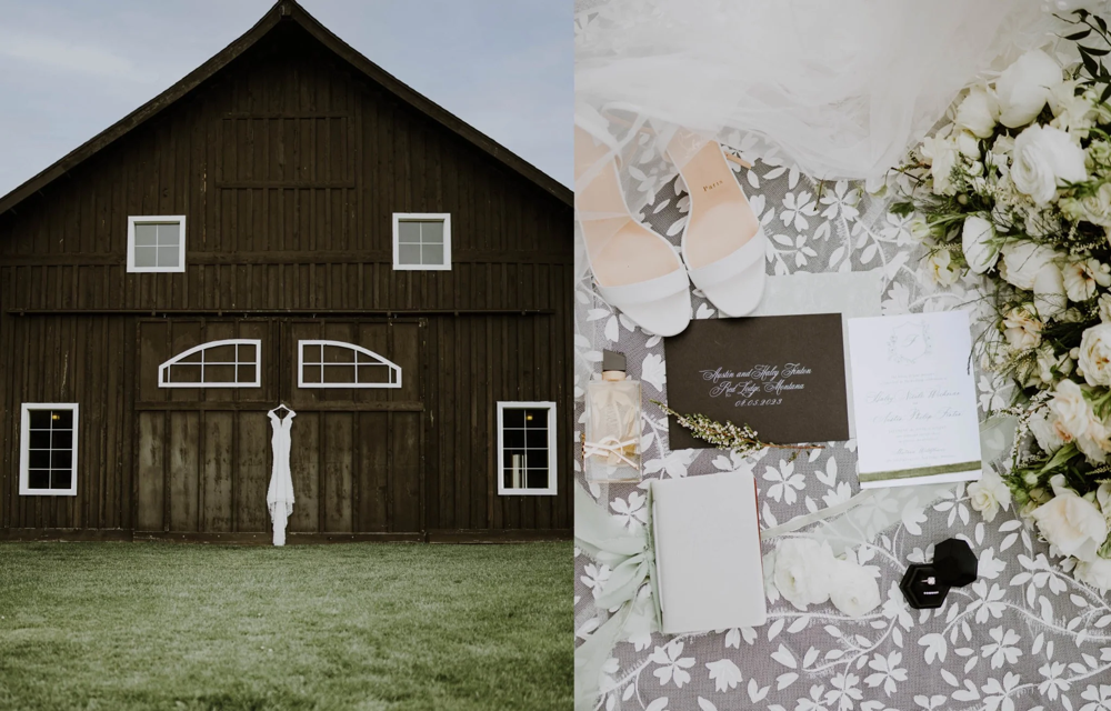 Wedding photograph composite with barn scene and invitation details