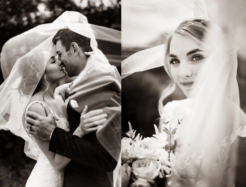 Wedding photograph composite with black-and-white portrait moments