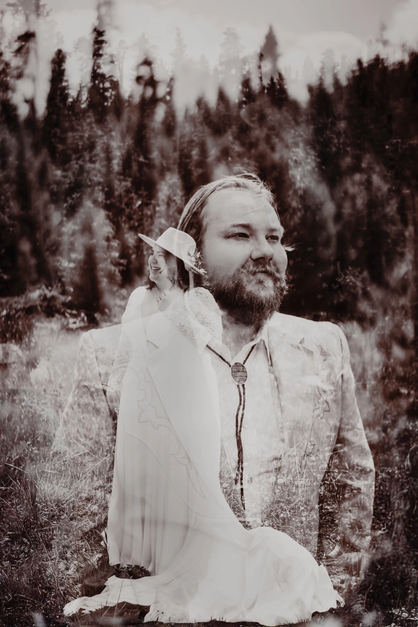Artful black-and-white double-exposure wedding portrait