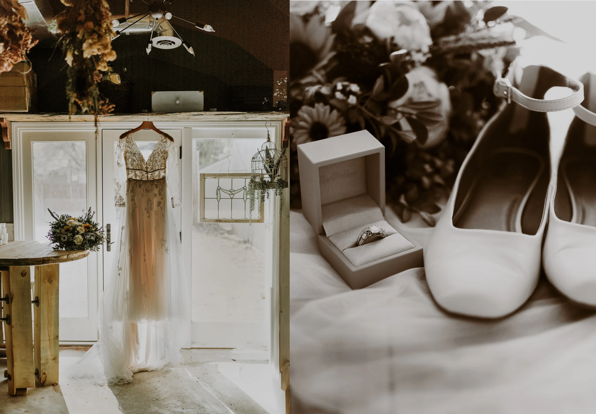 Wedding dress beside a curated collection of shoes and floral details